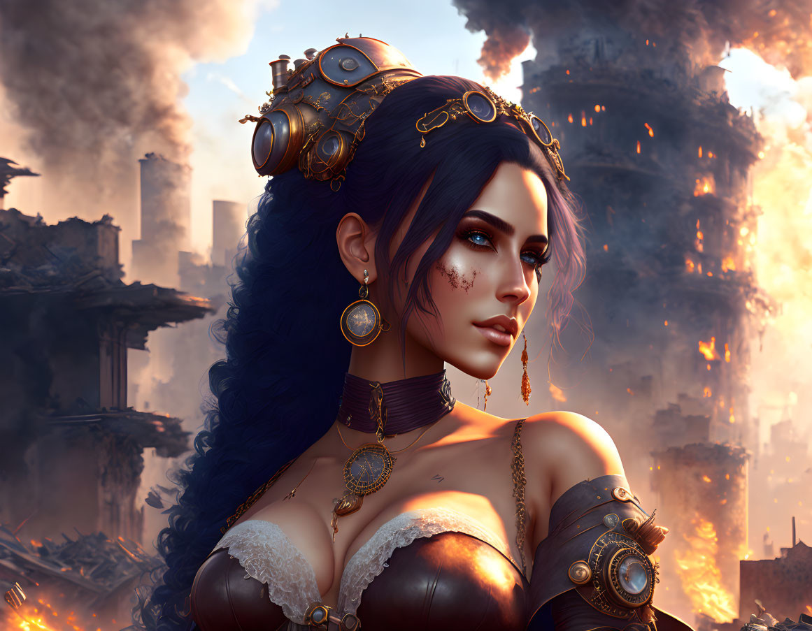 Steampunk-themed portrait of woman with blue hair and goggles, adorned with golden jewelry, against fiery