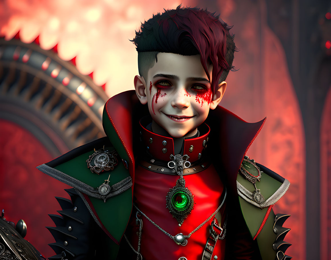 Stylized animated boy in ornate armor with red streaks on face on red mechanical background