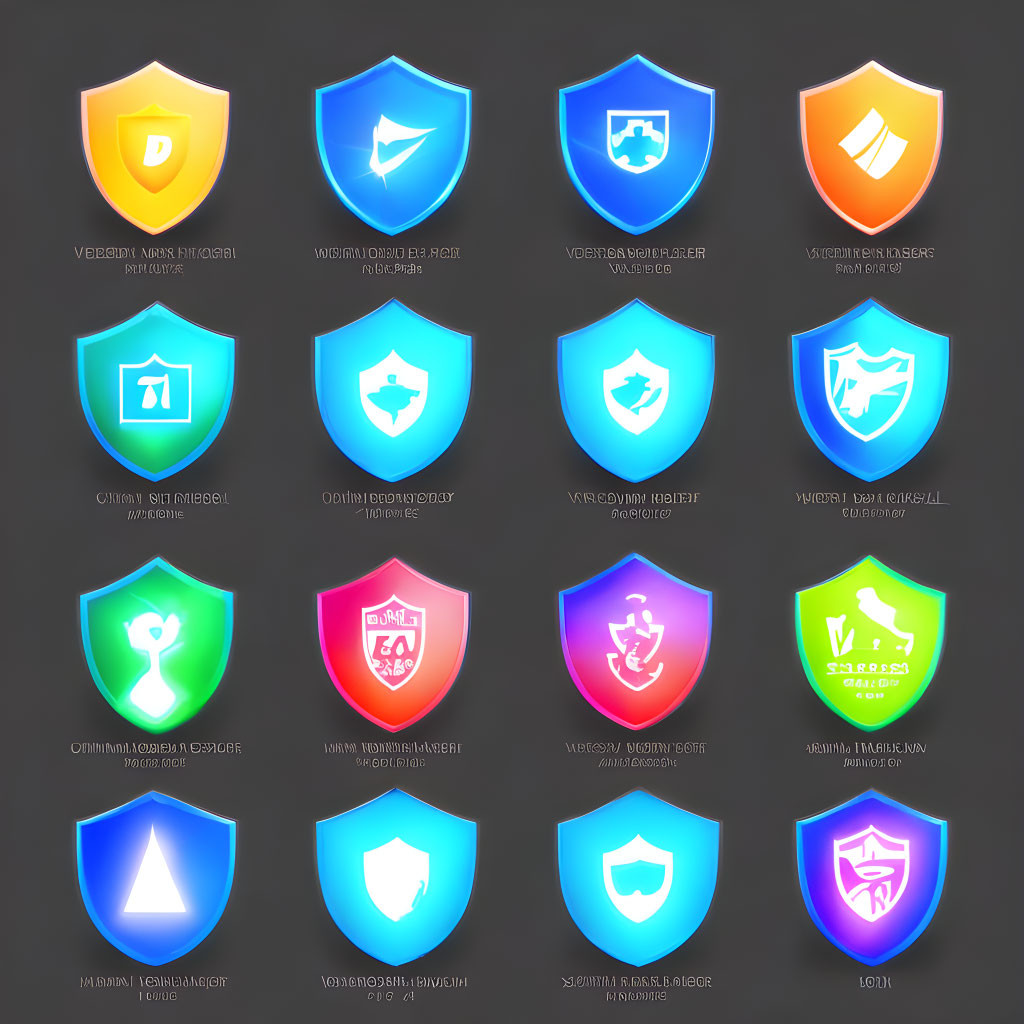 Colorful Shield-Shaped Icons with Trophies, Animals, and Cyrillic Text