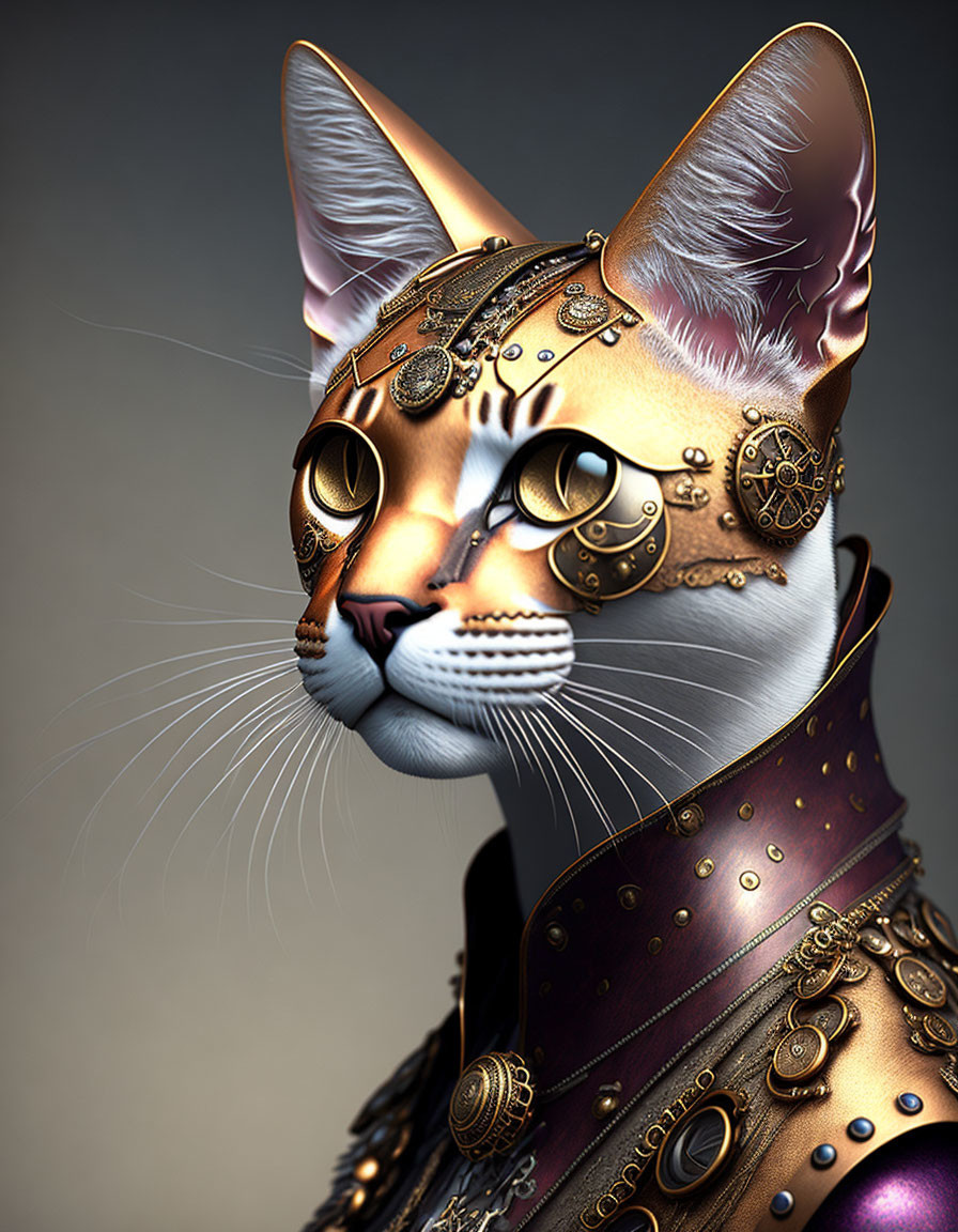 Steampunk cat with brass goggles and armor.