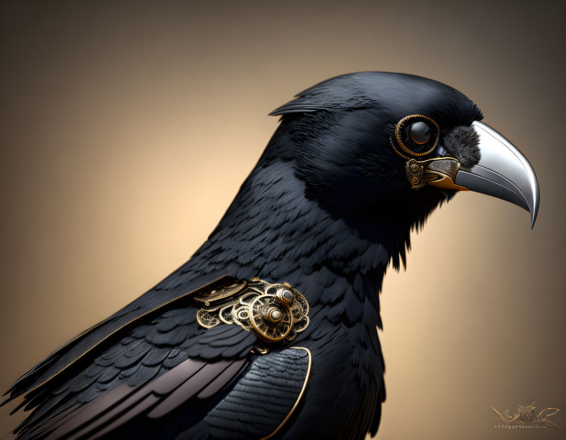 Detailed Raven Illustration with Metallic Ornate Embellishments