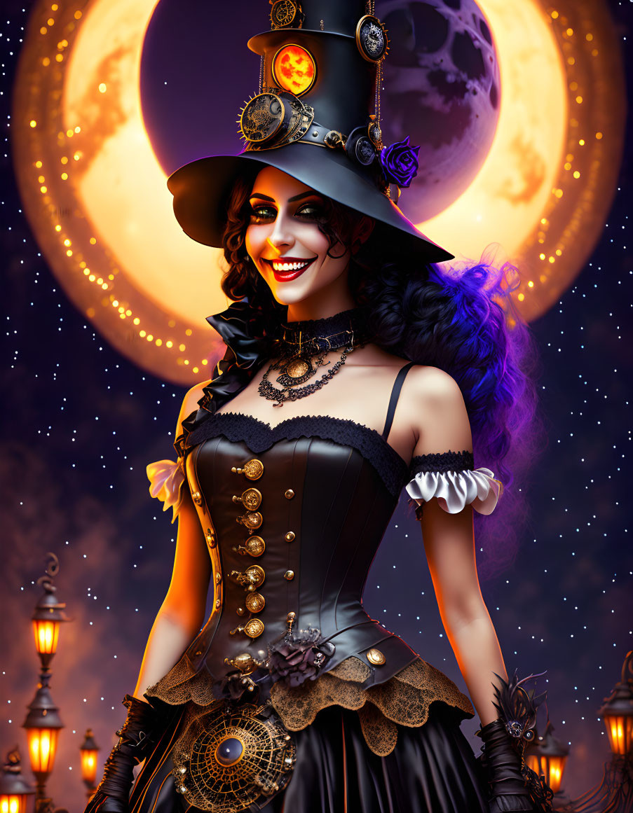 Smiling woman in steampunk costume with top hat, corset, and purple highlights under full