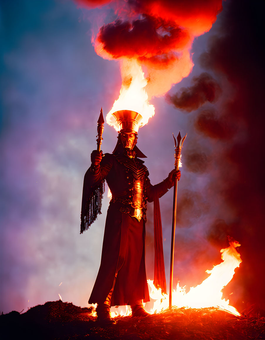 Elaborate Costume Person with Helmet and Spear in Front of Flames