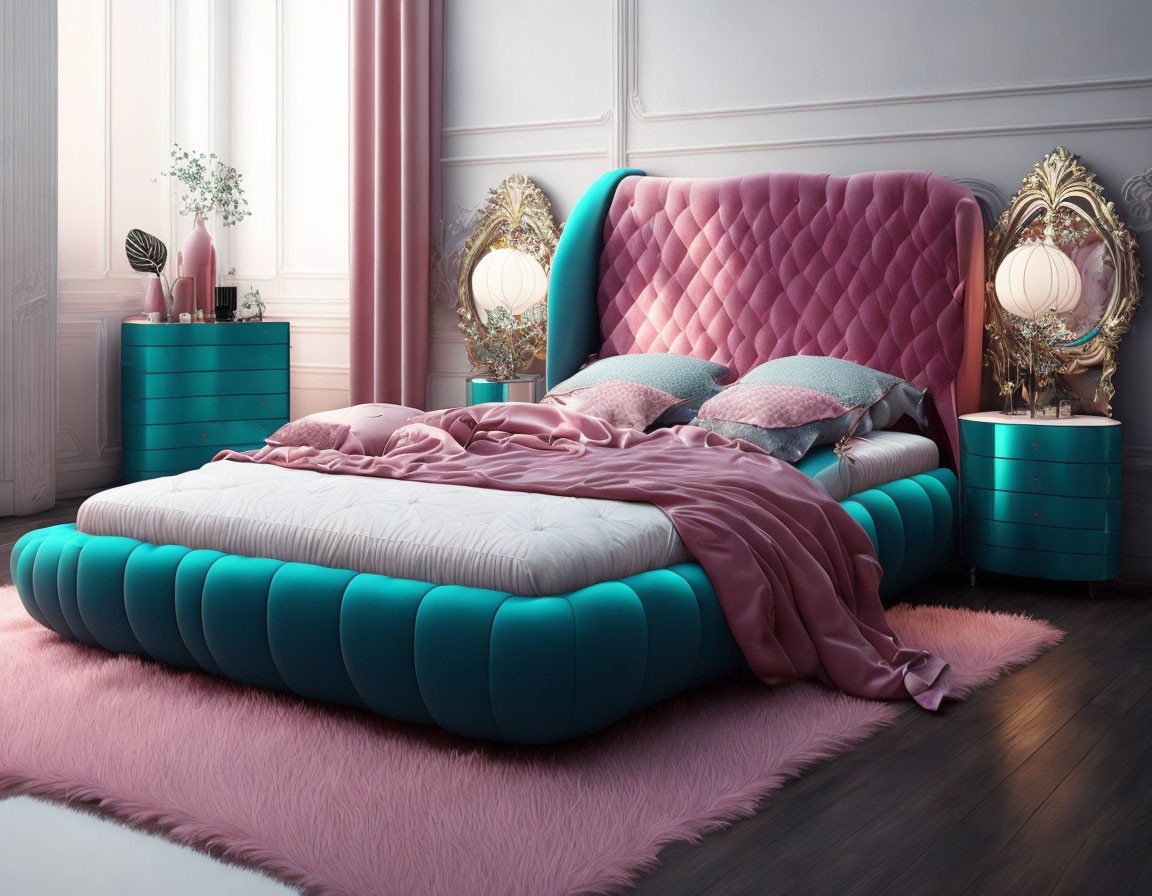 Spacious bedroom with pink and turquoise bed, elegant mirrors, plush rug