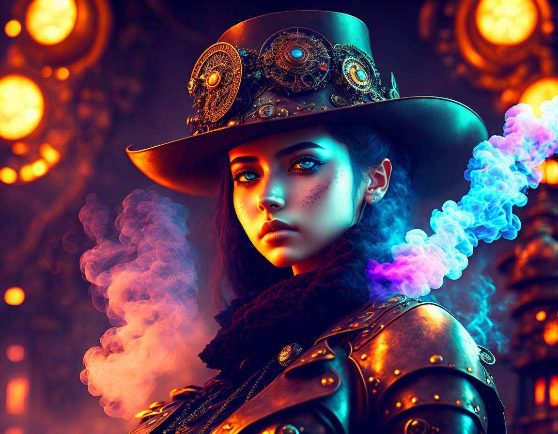 Steampunk-themed woman with gear hat and shoulder armor in warm bokeh-lit setting