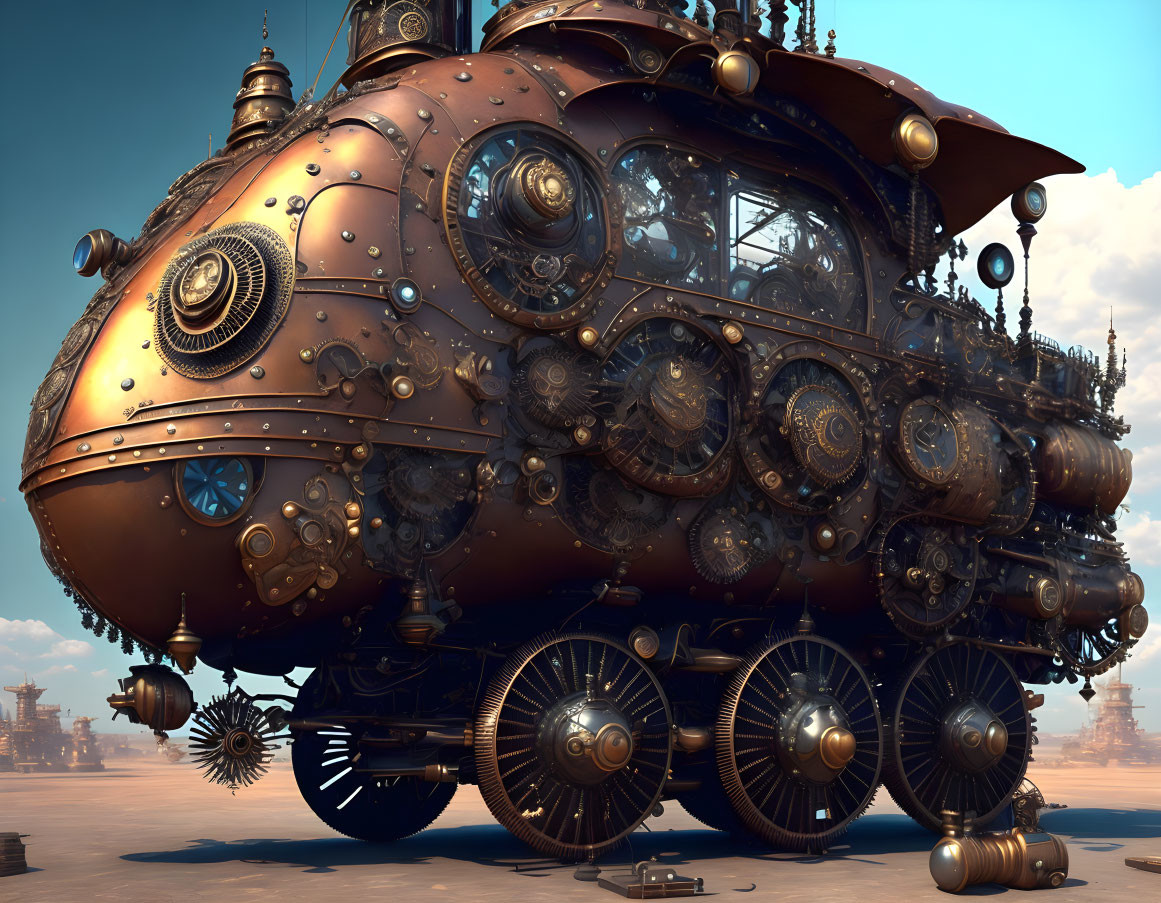 Steampunk-style submarine with gears in desert landscape