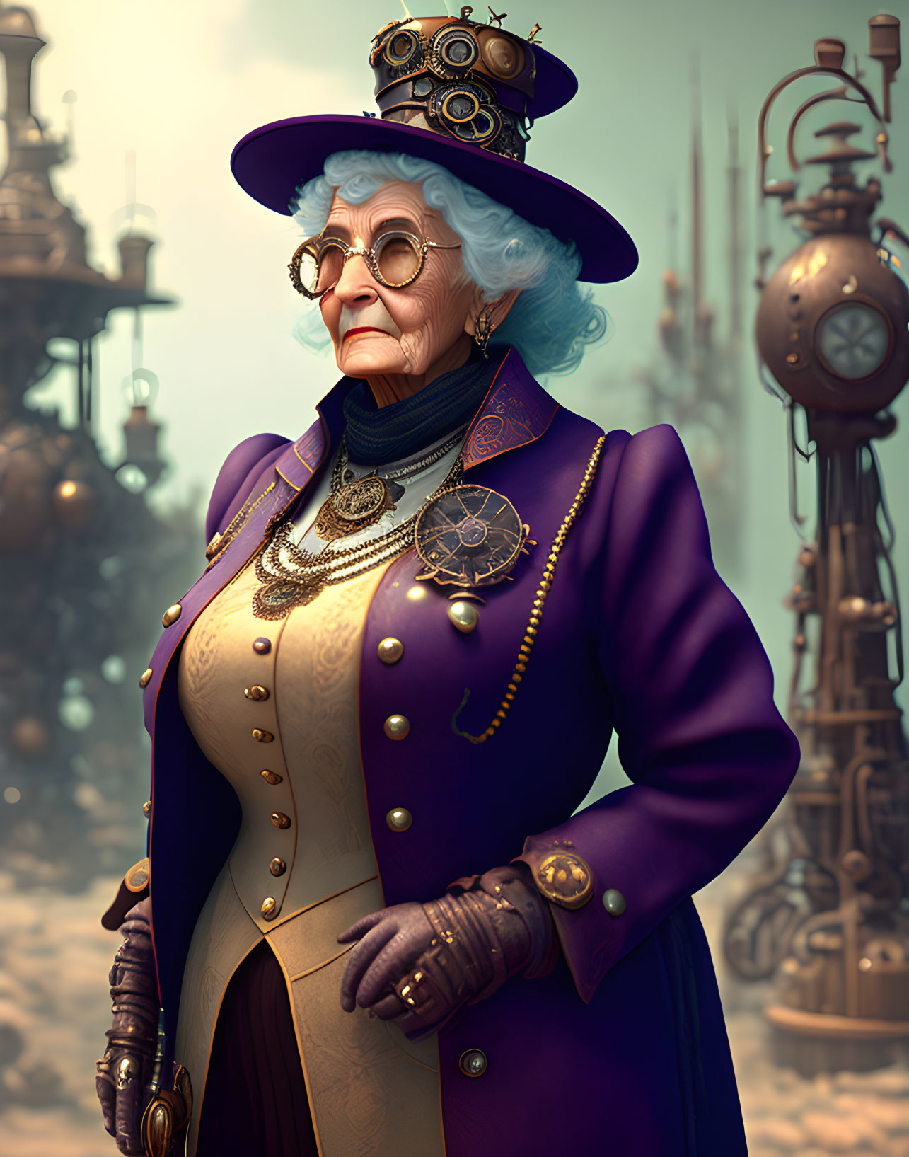 Elderly woman in steampunk attire with purple coat and top hat by industrial machinery