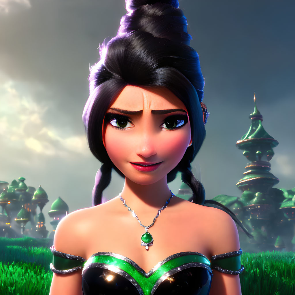 Animated female character with large eyes and updo hairstyle in fantasy setting.