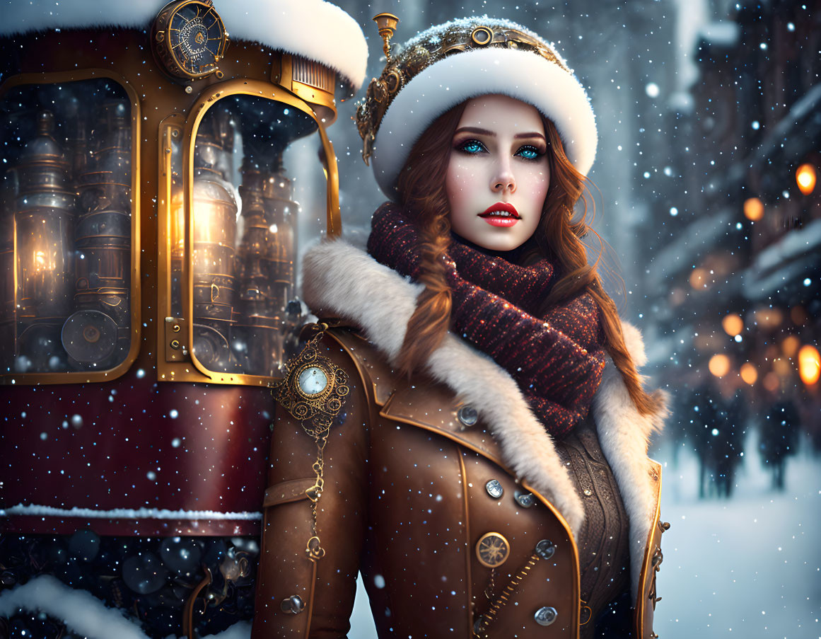 Woman in Winter Hat and Fur Coat by Vintage Tram in Falling Snow