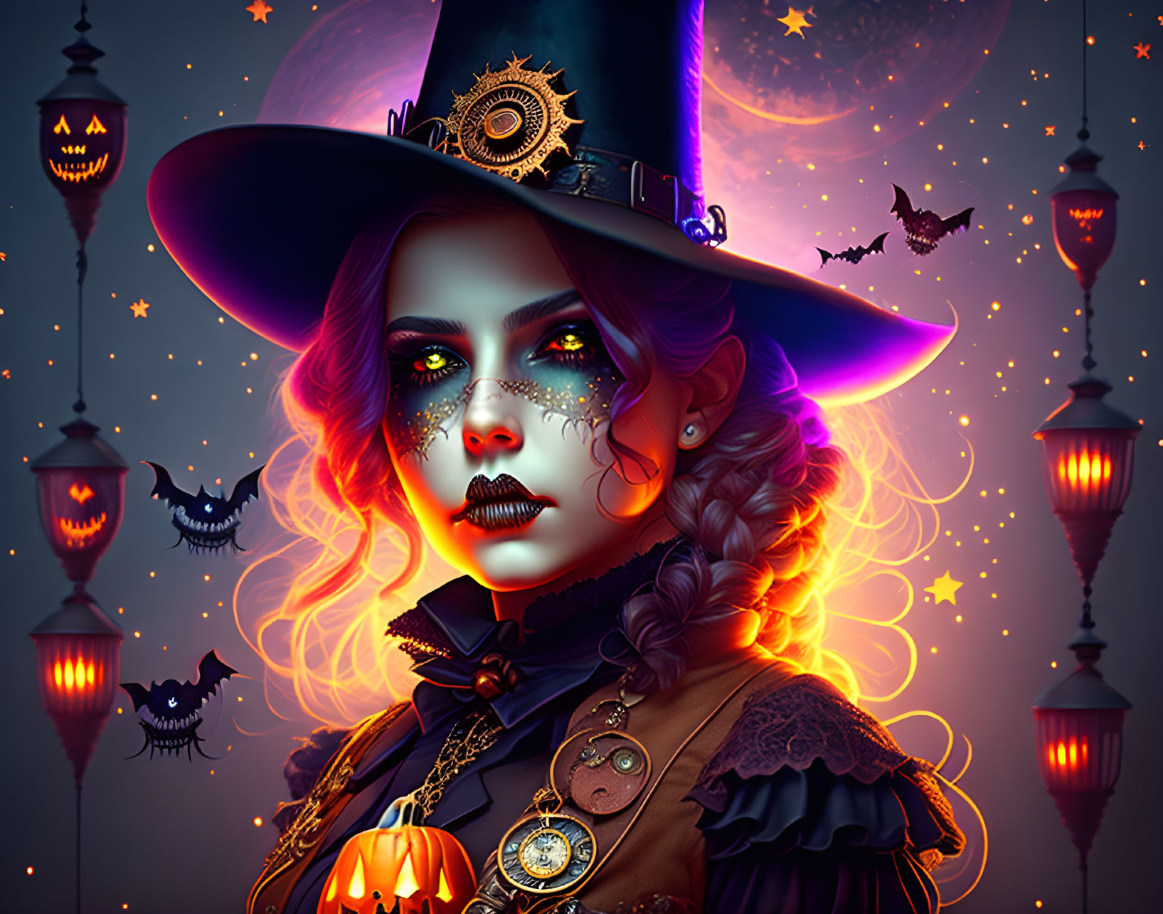 Digital illustration: Woman in steampunk witch costume with glowing eyes and Halloween elements