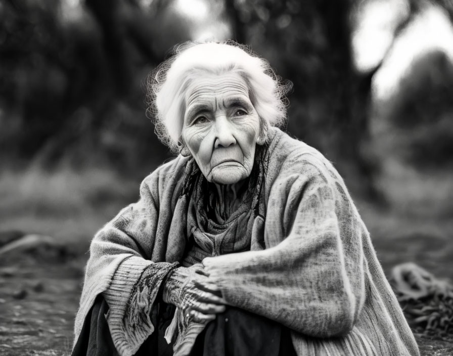 Elderly woman with wrinkles in shawl, outdoor monochrome setting