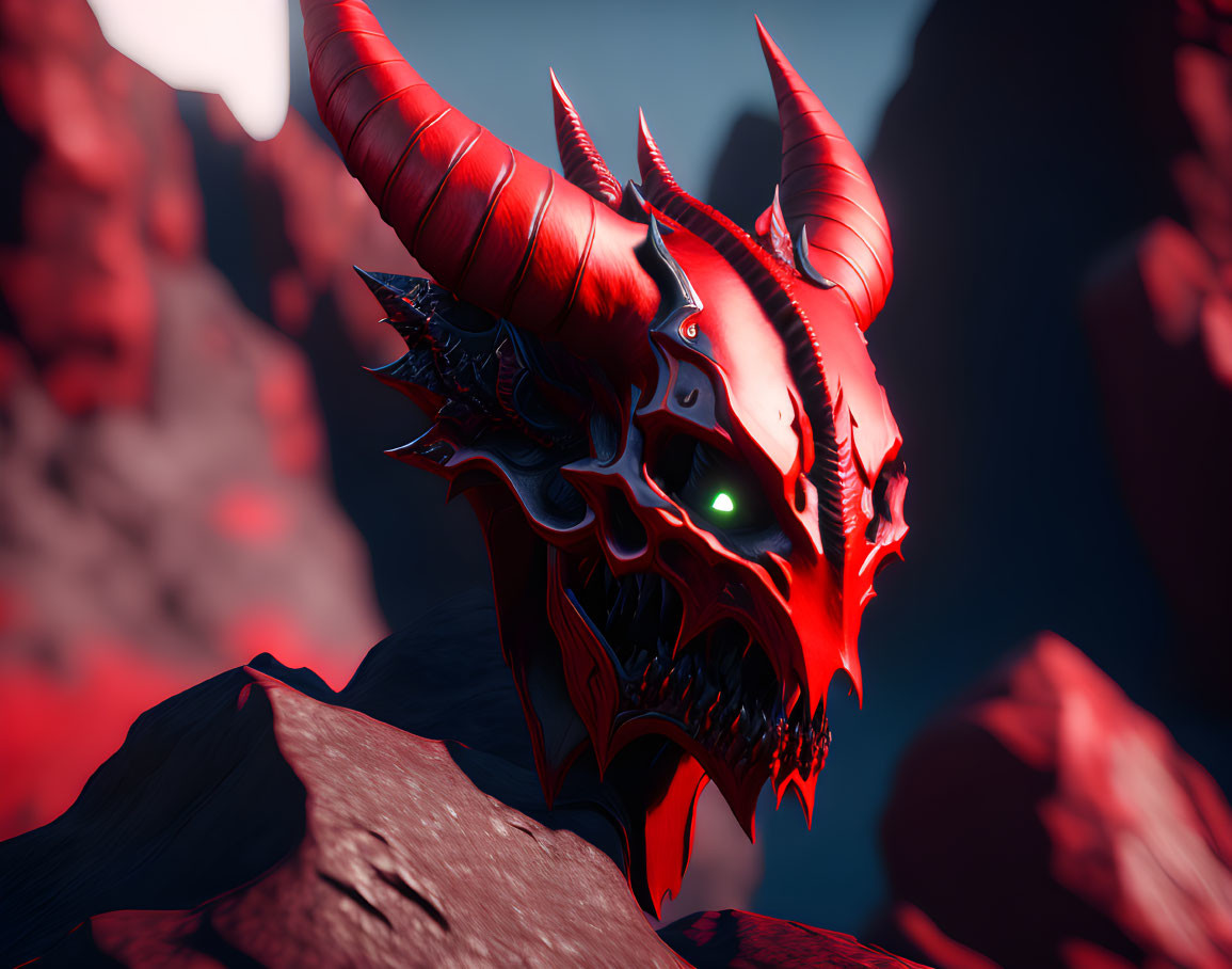 Menacing Red and Black Dragon Head in Moody Landscape