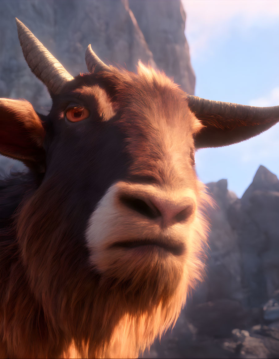 Detailed Cartoon Goat with Prominent Horns in Mountainous Setting