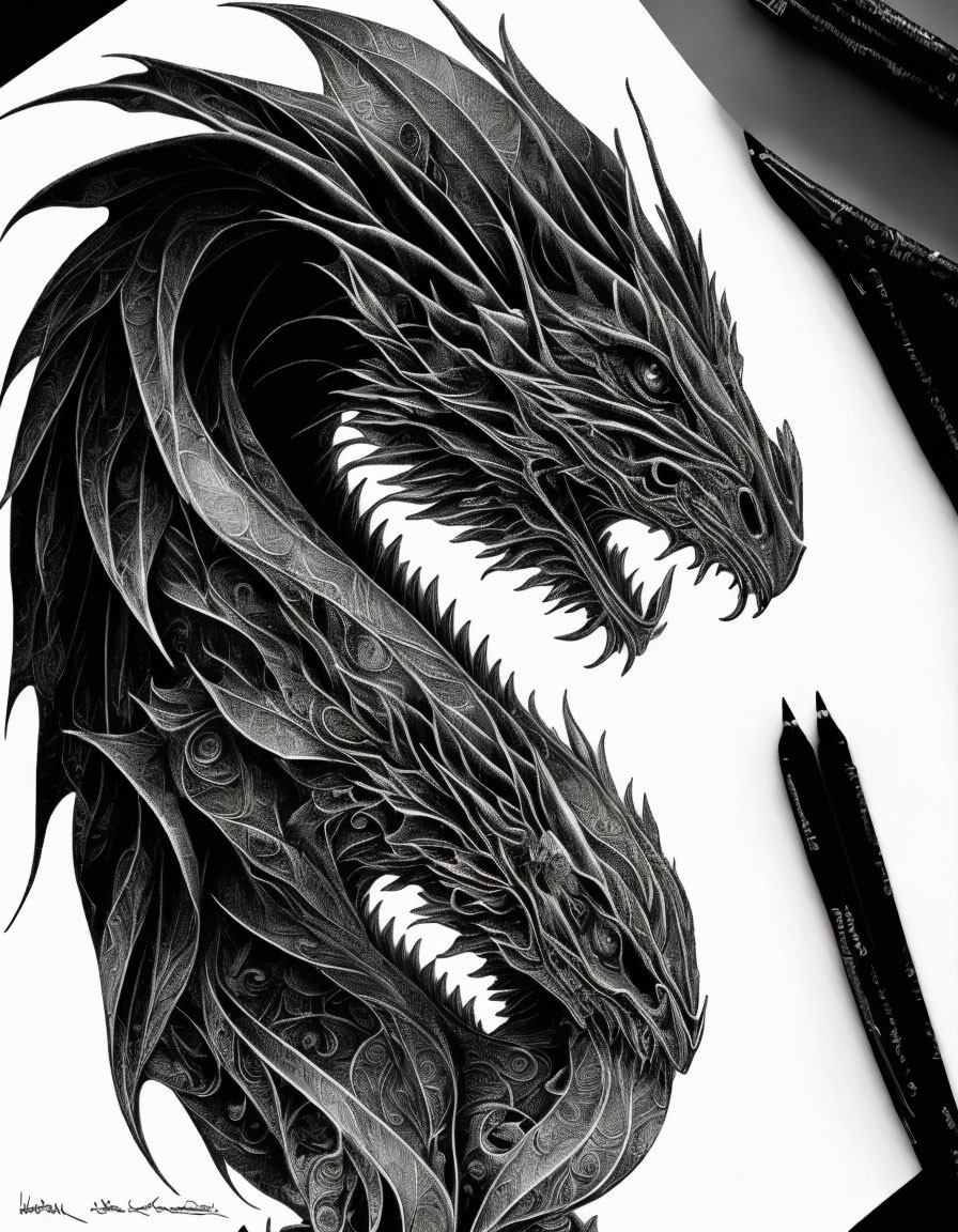 Detailed monochrome dragon illustration with sharp teeth and intricate scales.