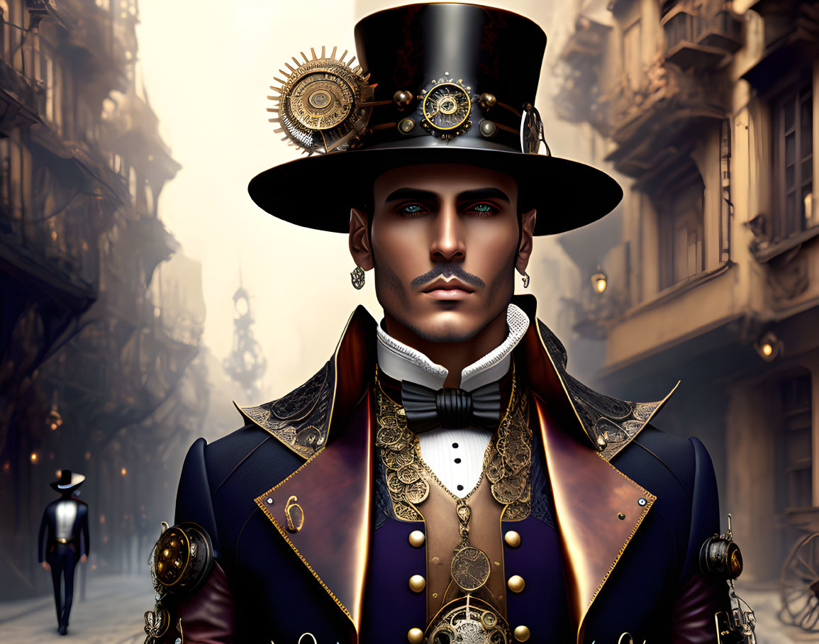 Detailed Steampunk Outfit on Man in Cityscape