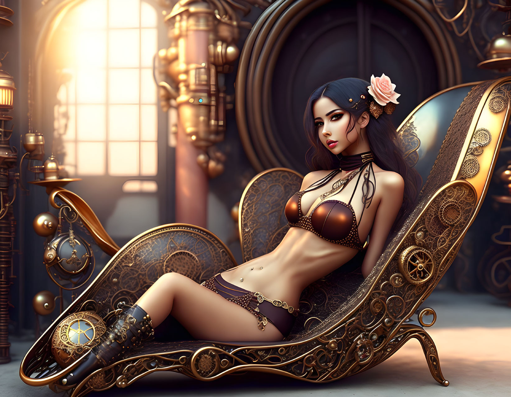 Digital artwork: Woman with flower in hair on steampunk chair among cogs