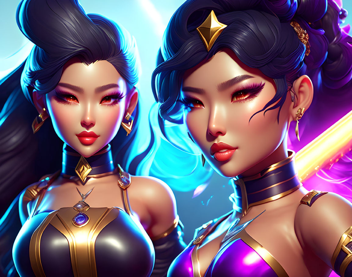 Stylized female characters in futuristic armor with glowing purple elements