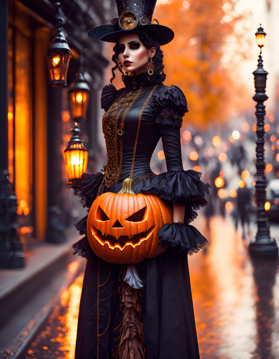 Elaborate Halloween costume with top hat, lantern, and dramatic makeup on city street