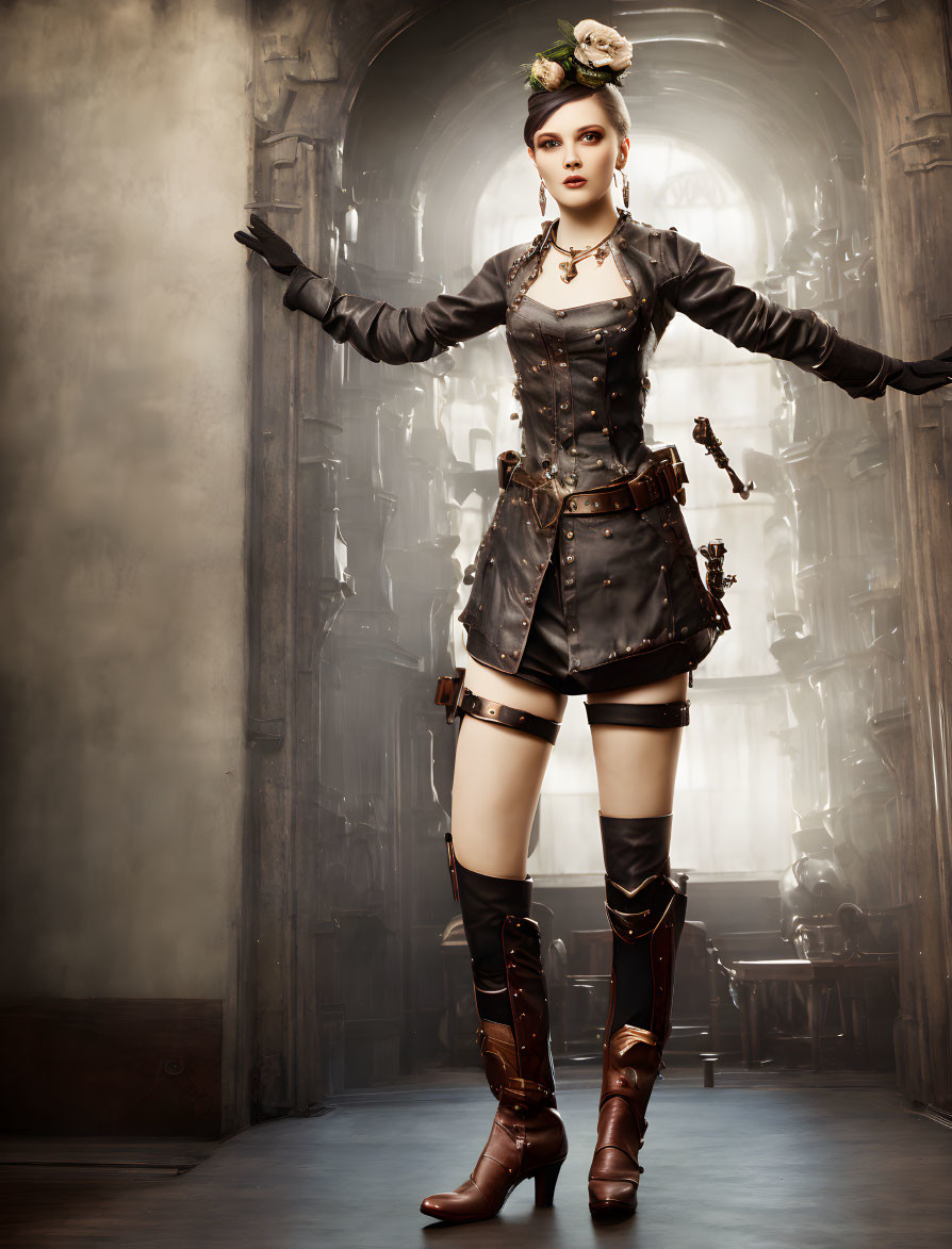 Steampunk woman in corset, jacket, shorts, and boots in industrial corridor