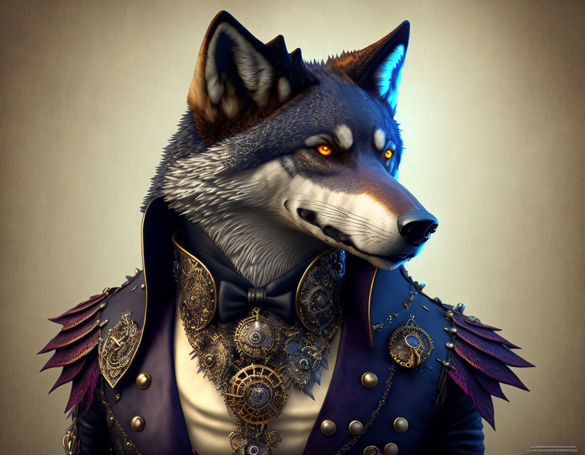 Anthropomorphic wolf in Victorian-style steampunk attire