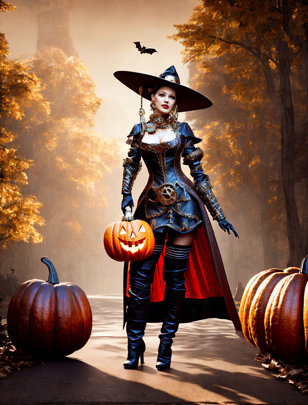 Elaborate witch costume with pumpkin on autumn path