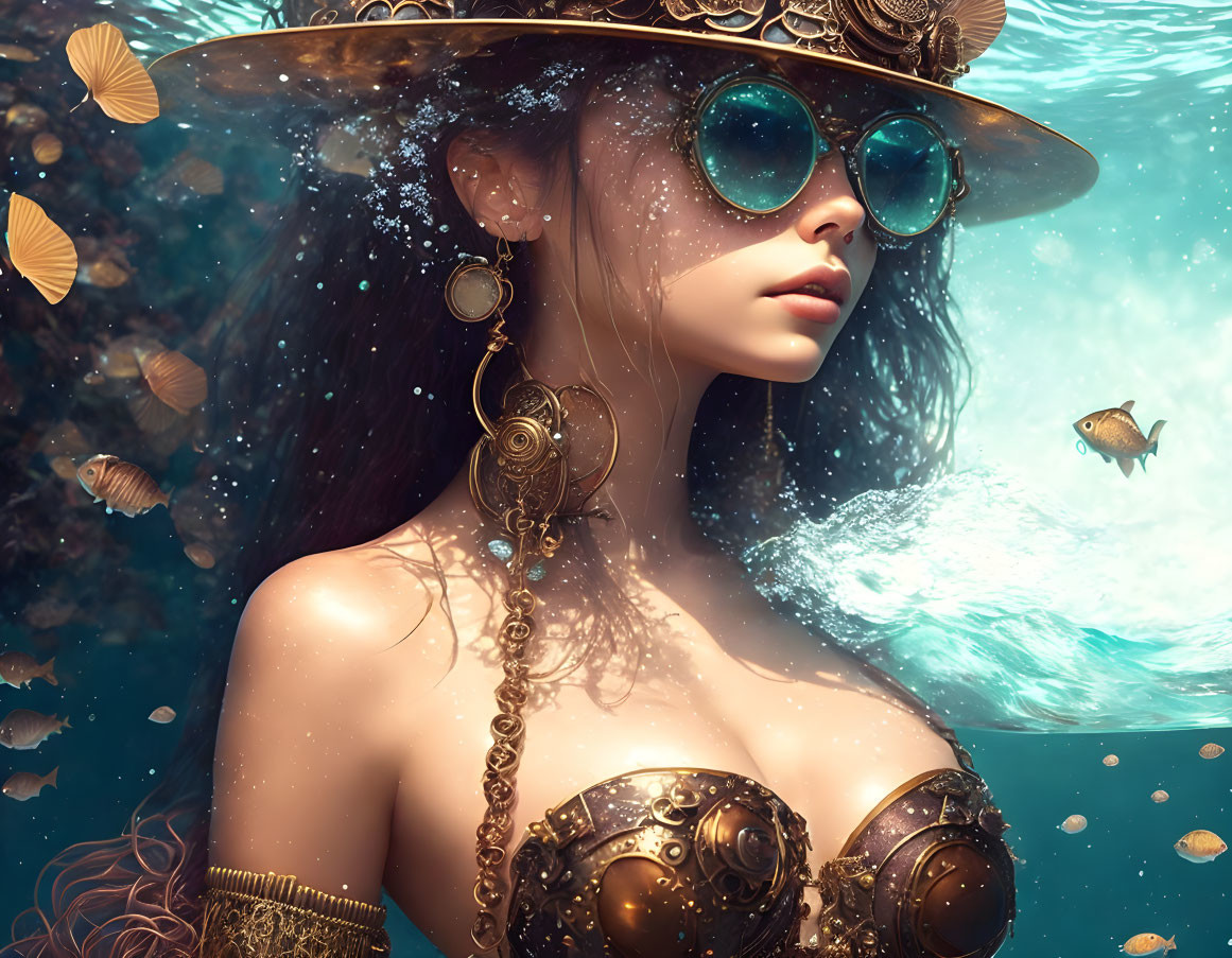 Steampunk-themed digital art of a woman with hat and goggles, surrounded by fish and water,