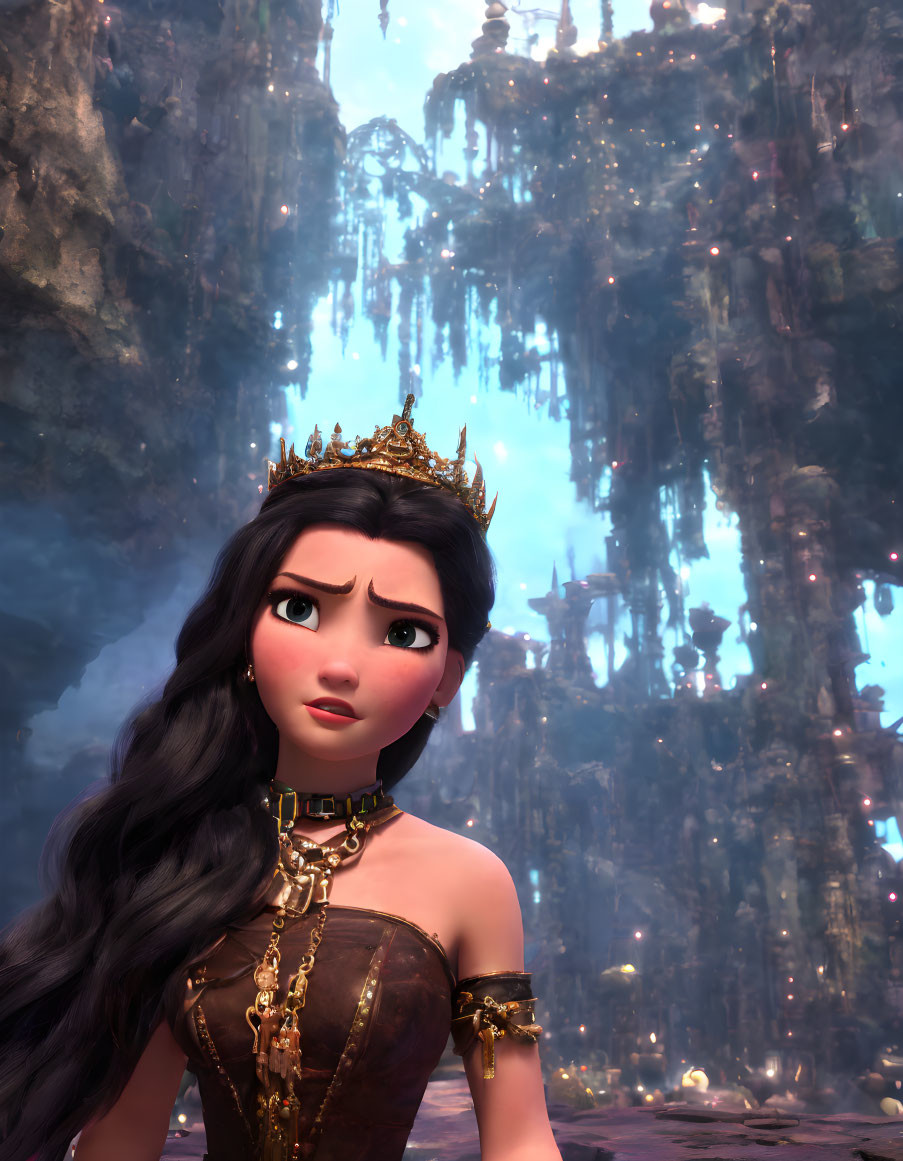 Brown-haired animated princess in golden crown and ornate dress standing in mystical forest with illuminated stalactites