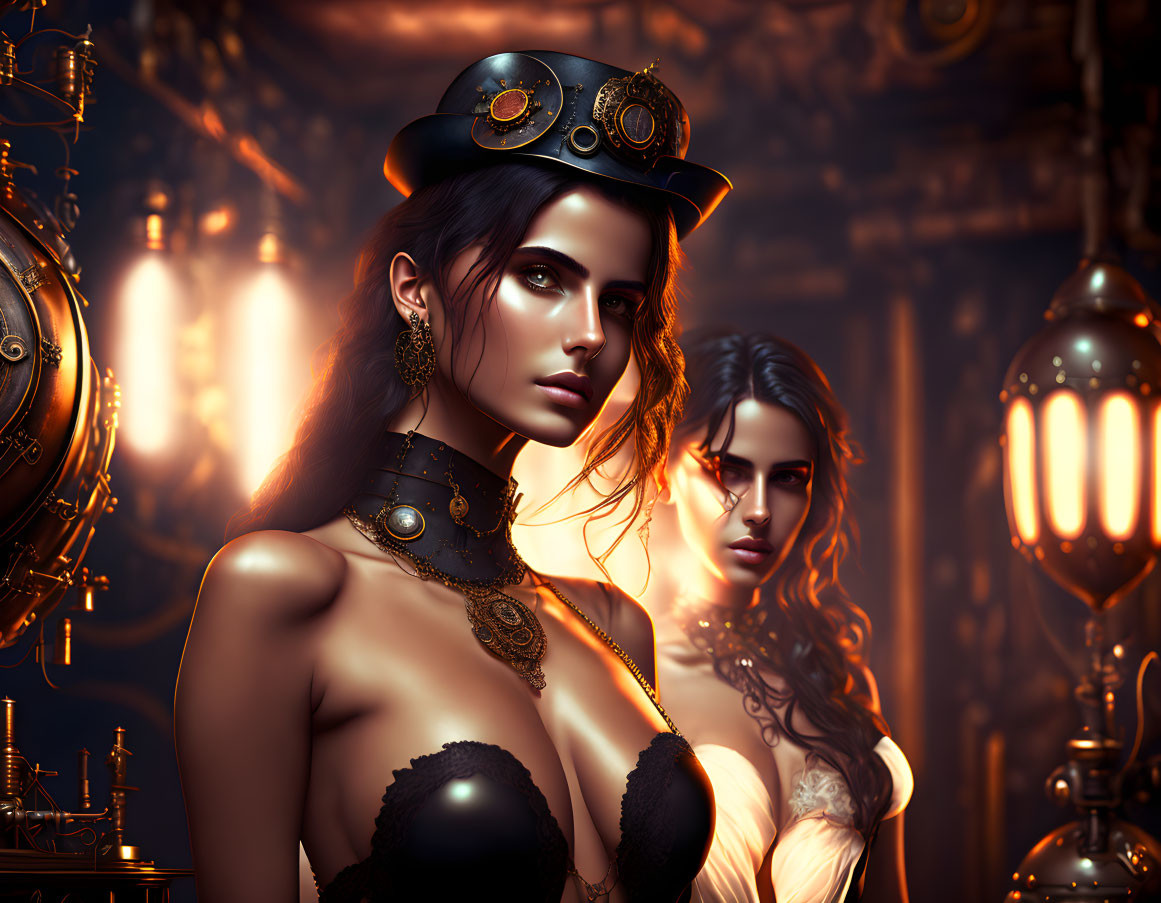 Two women in steampunk attire with intricate accessories in warm-hued mechanical setting