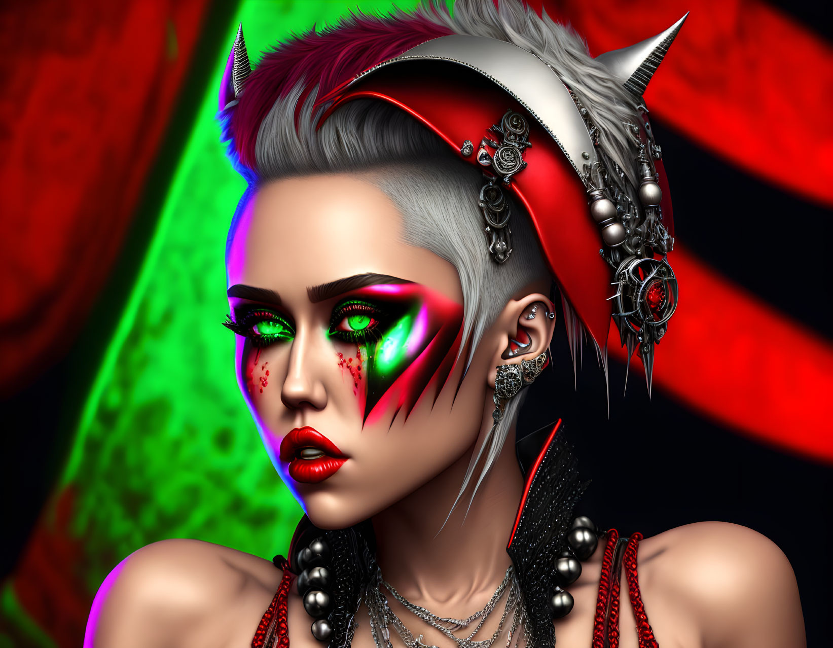 Vibrant punk makeup and mohawk on woman with ornate accessories