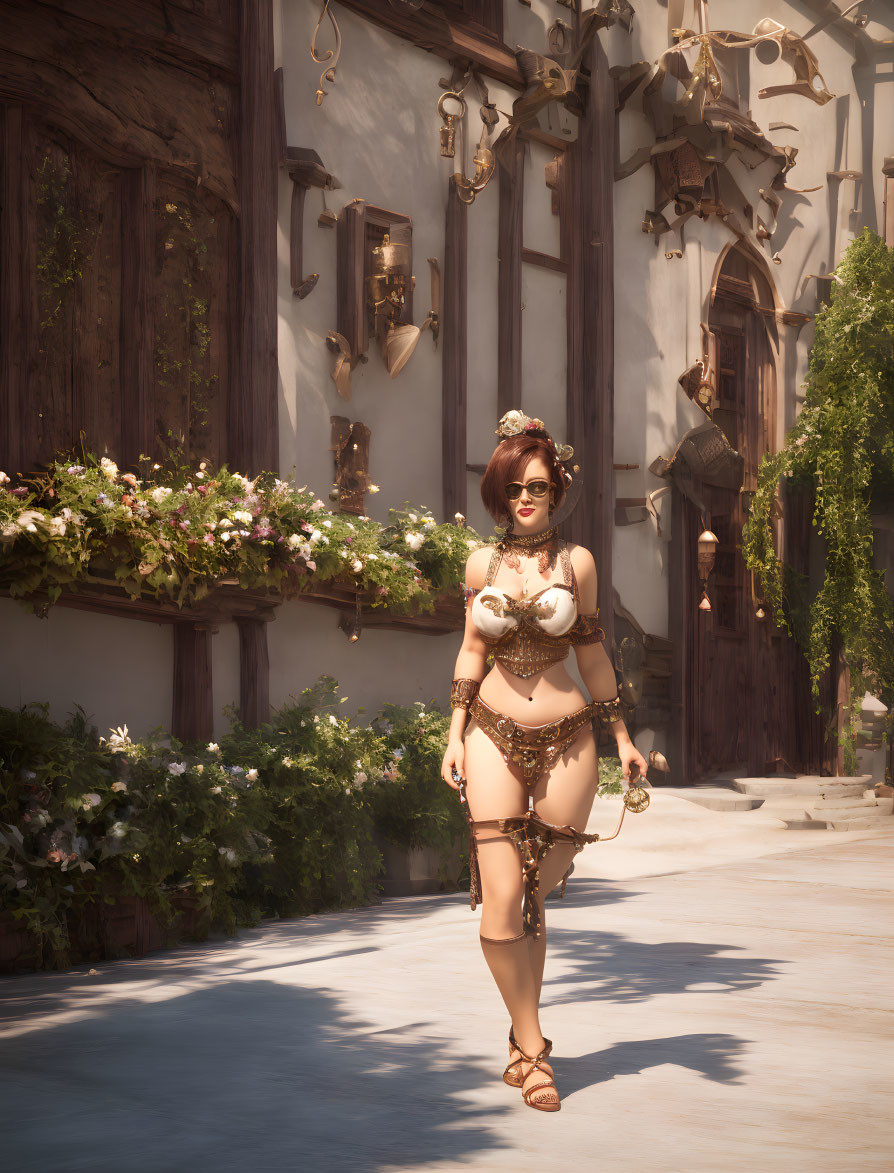 3D-rendered woman in golden jewelry and cream outfit walking down cobblestone alley