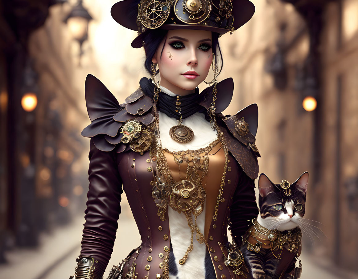 Steampunk-themed woman and cat in vintage street scene