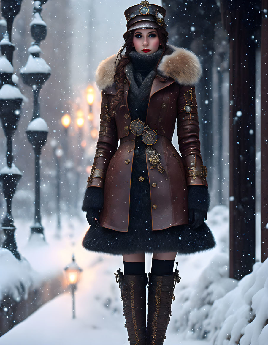 Vintage brown coat with fur trim on snowy path under lit streetlamps