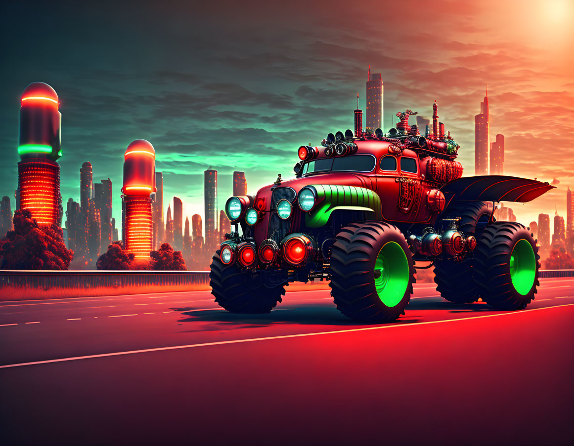 Elaborate Lighting on Futuristic Monster Trucks in Sci-Fi City at Dusk