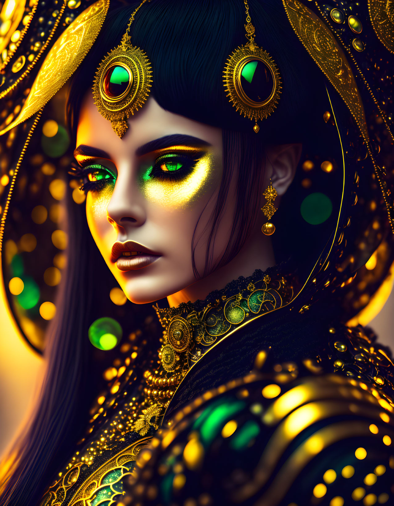 Digital artwork of woman with glowing green eyes and intricate golden jewelry and peacock feather headdress.