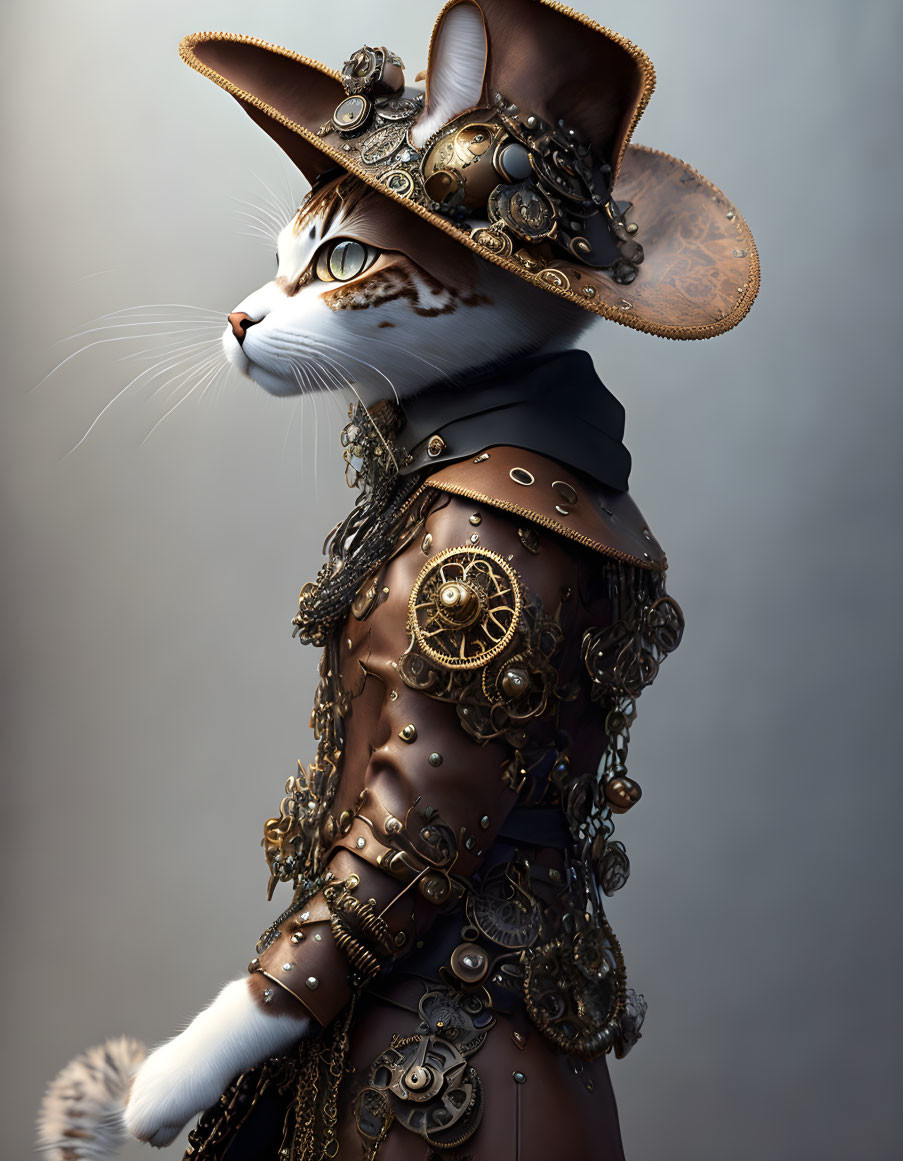 Steampunk-themed cat character with hat and gear decorations