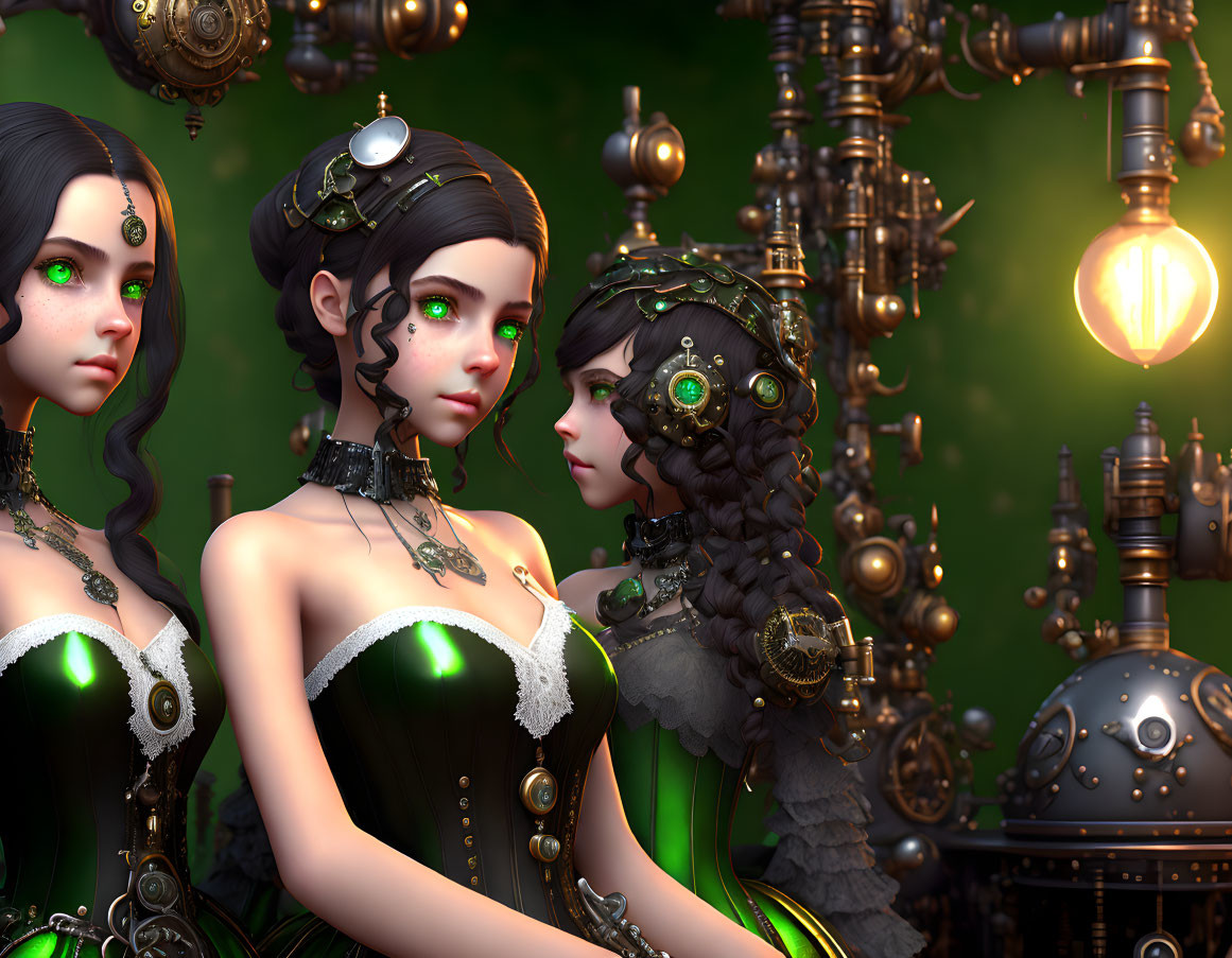 Three animated female characters in steampunk attire with mechanical accessories and brass gears.