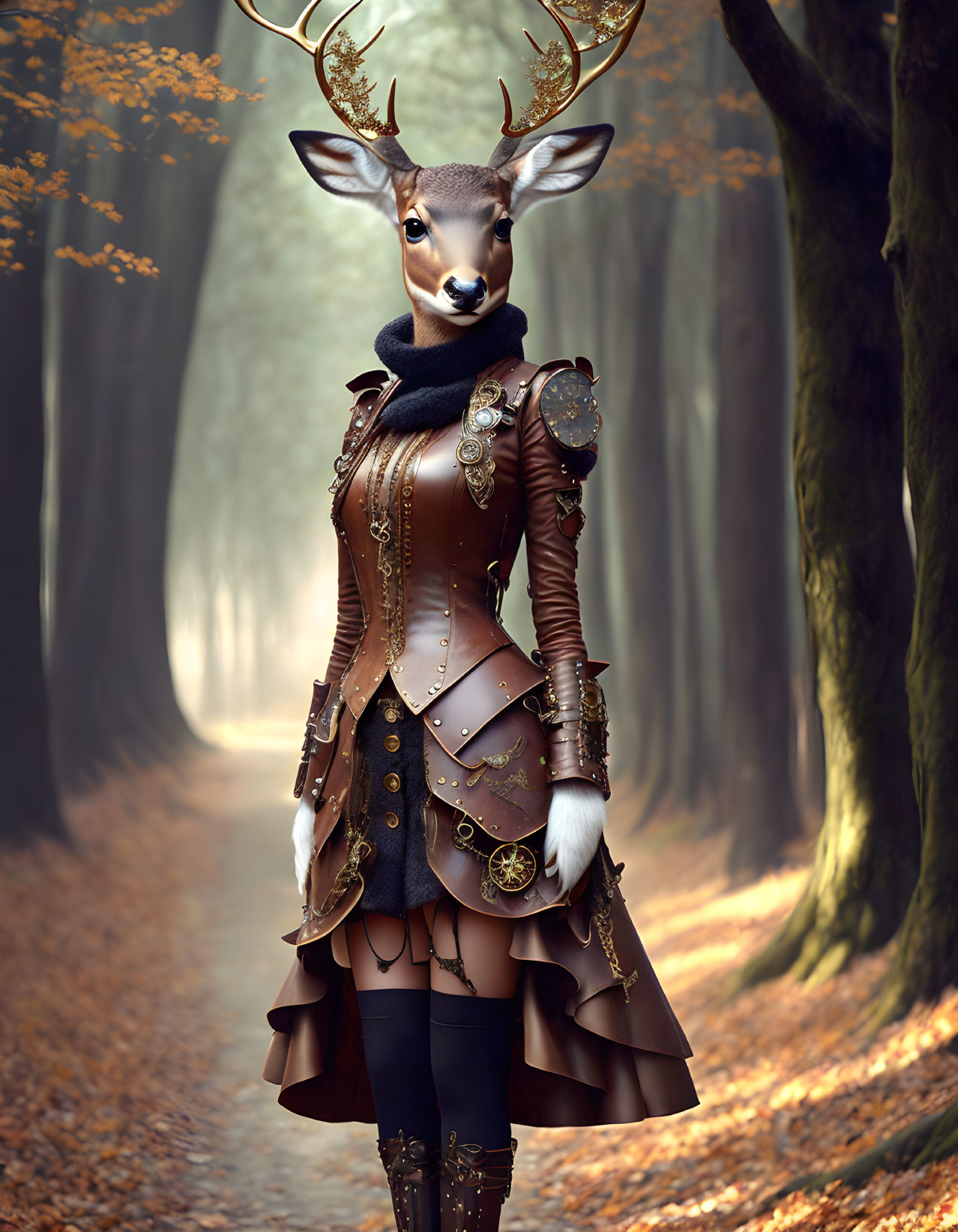 Humanoid deer in medieval steampunk outfit in misty forest