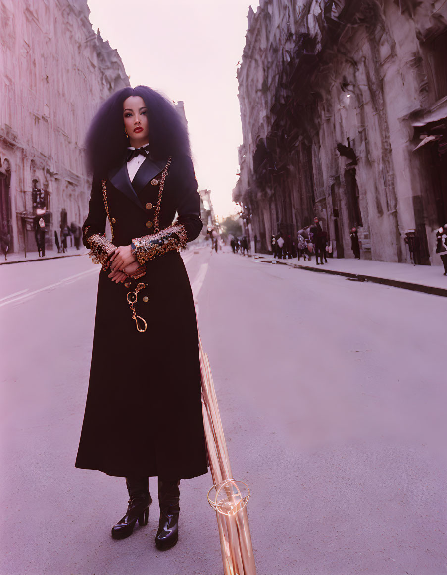 Dark-haired woman in elegant black coat on urban street at dusk