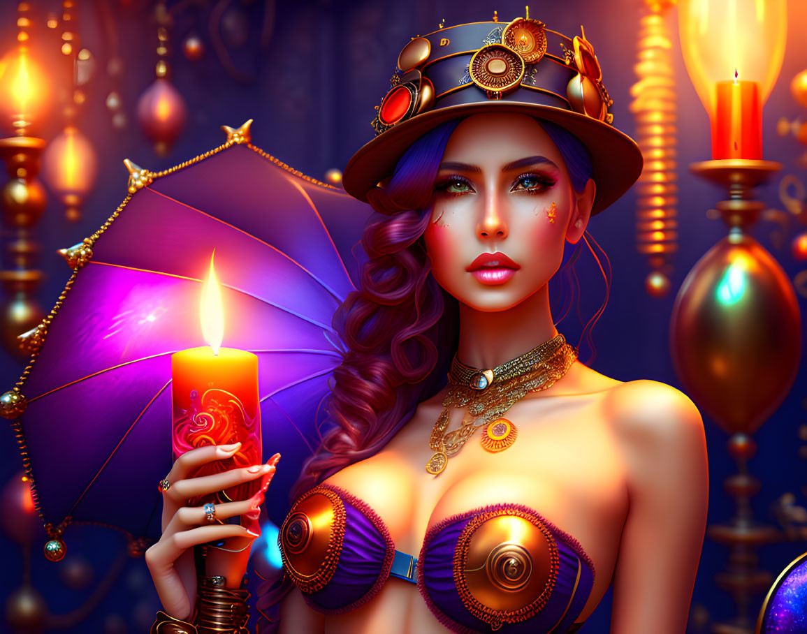 Steampunk-themed digital art of a woman with candle and glowing lamps