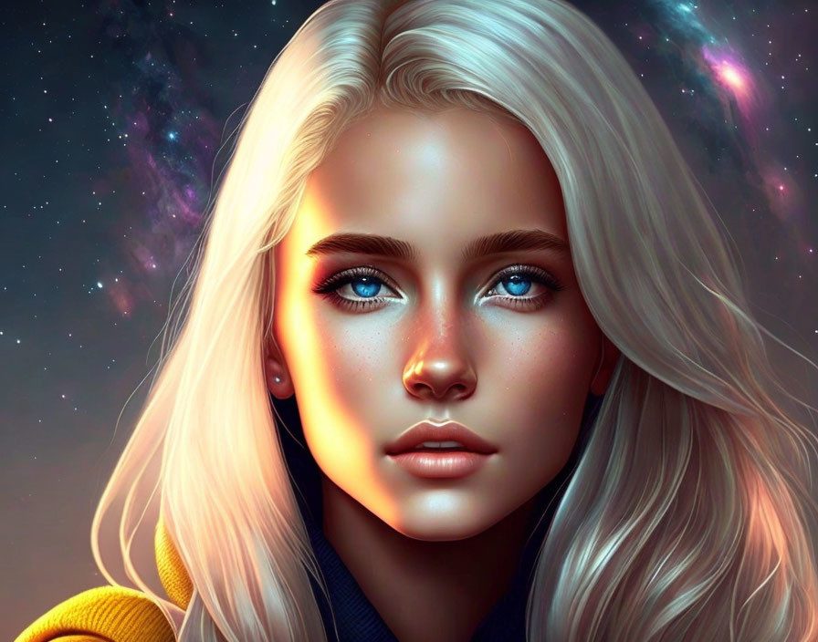 Portrait of a girl with blue eyes and blonde hair against cosmic backdrop