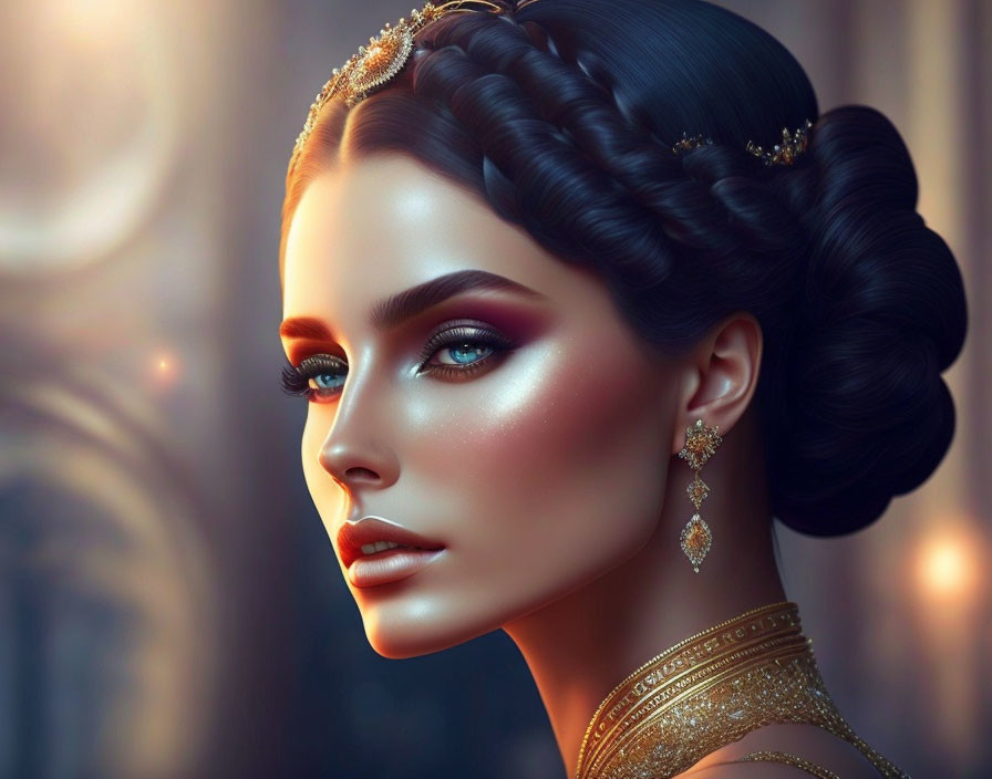 Detailed digital artwork: woman with intricate braided hair, glowing skin, gold jewelry, soft blurred background