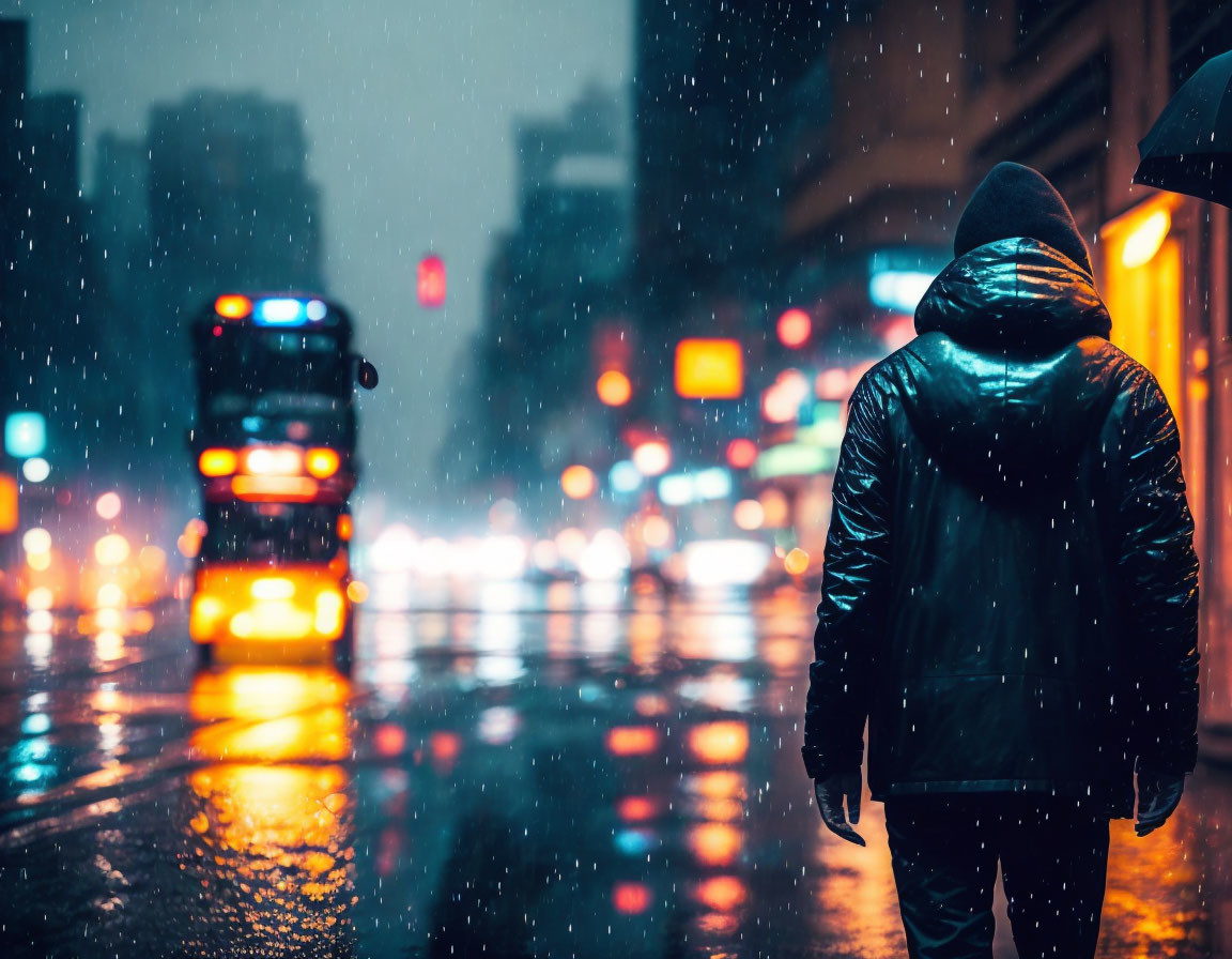 Person in Hooded Jacket Walking on Rainy City Street at Night