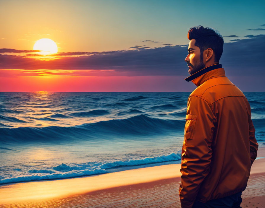 Man in Orange Jacket Gazes at Sunset Beach Horizon