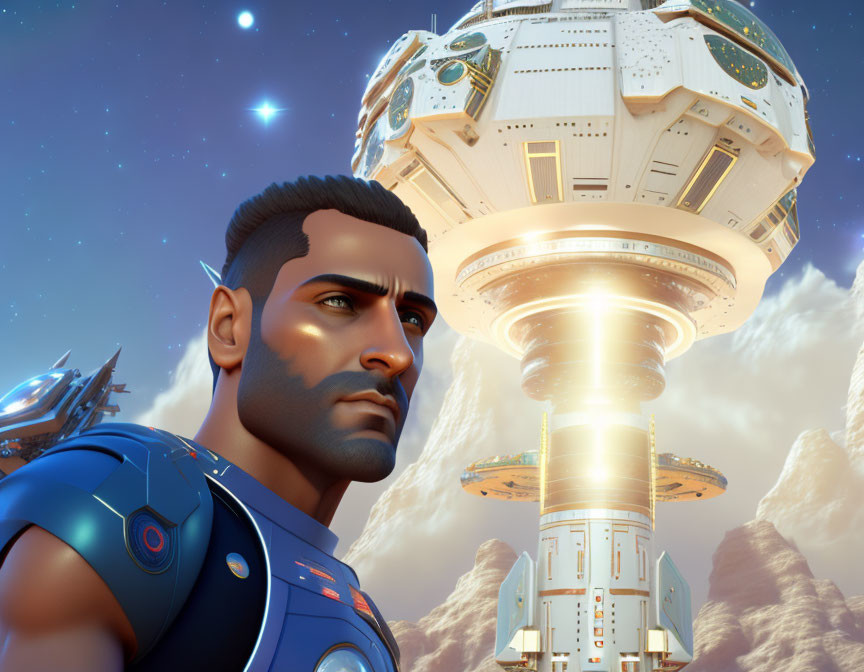 Futuristic male character in armor with tower and spacecraft in twilight sky