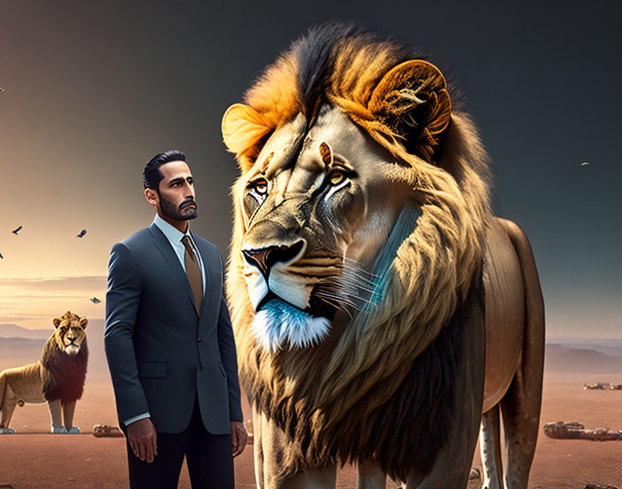 Confident man in suit beside majestic lion in desert landscape