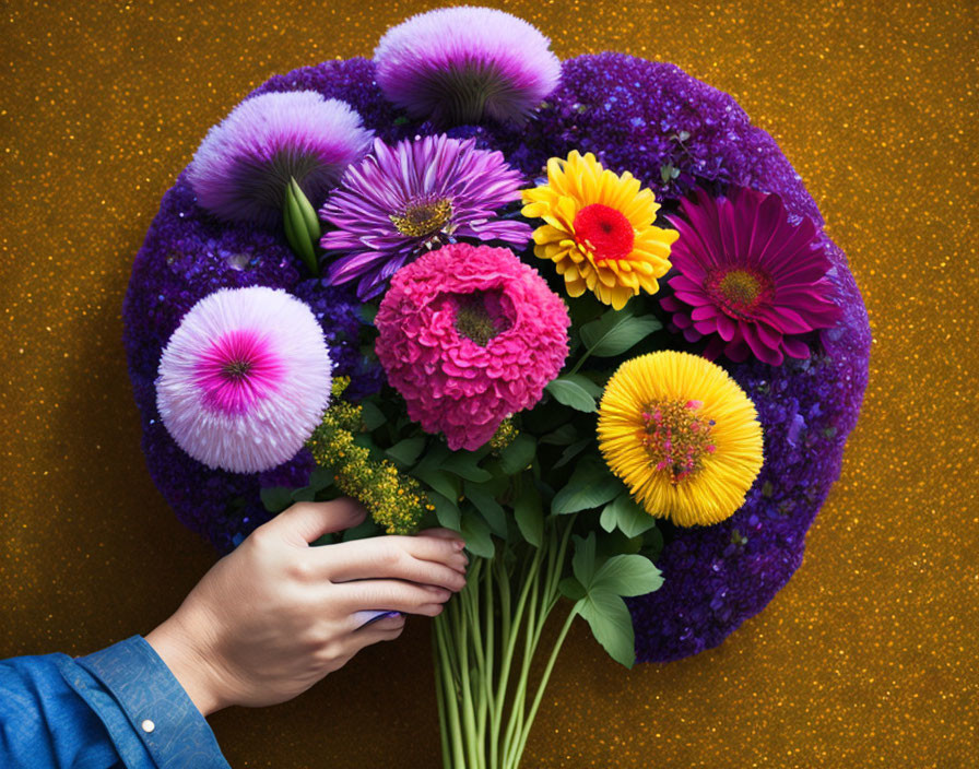 Colorful Flower Bouquet Against Golden Background with Hand