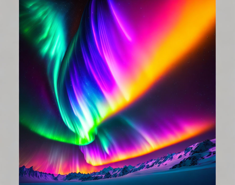 Colorful aurora borealis over snow-capped mountains