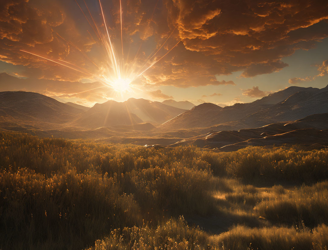 Radiant sunset with sunbeams over mountainous terrain