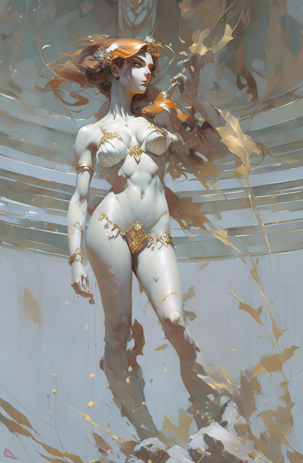 Fantastical female figure in ornate gold and white attire amidst swirling golden-brown shapes.