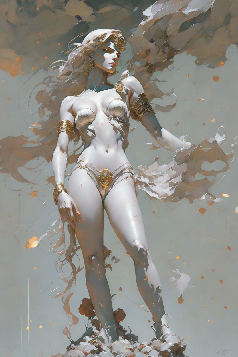 Ethereal female figure with golden accessories and white flowing hair in swirling light and leaves